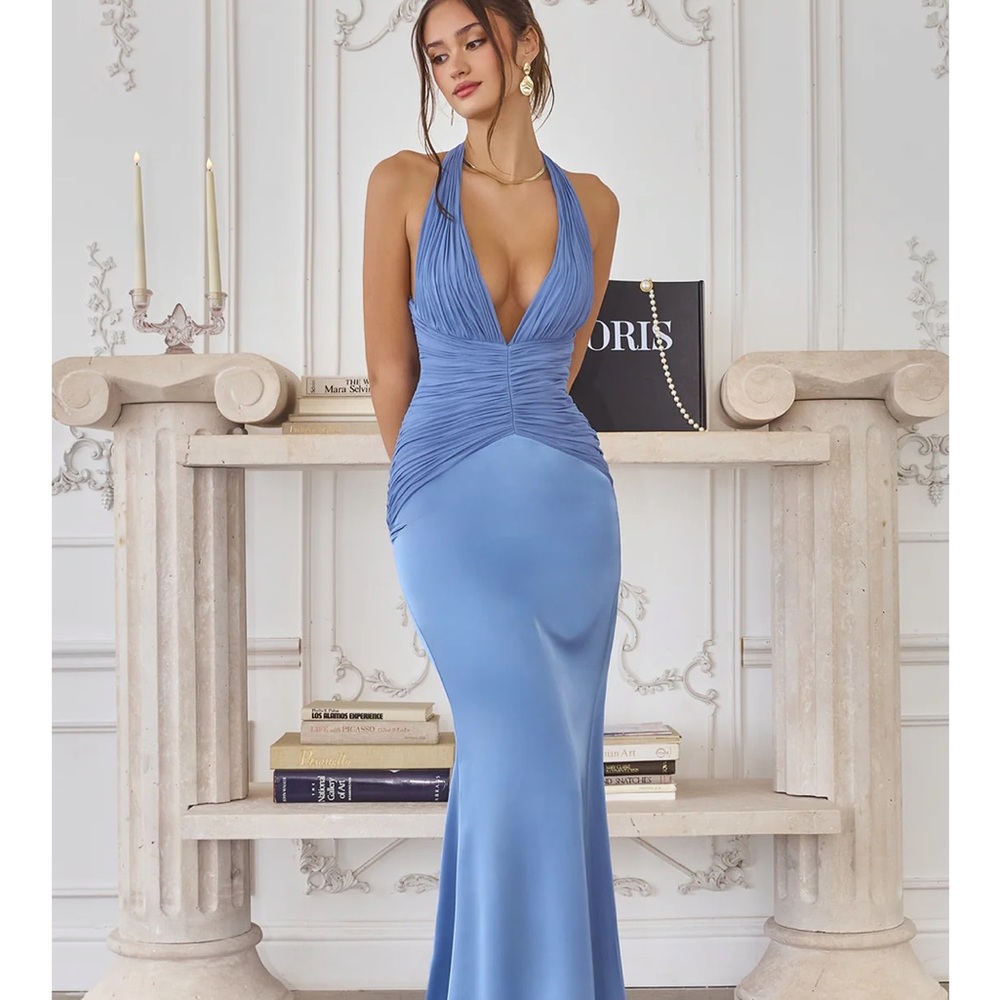 TESSA GOWN - BLUE MERMAID HALTER SATIN GOWN size 2 NWT